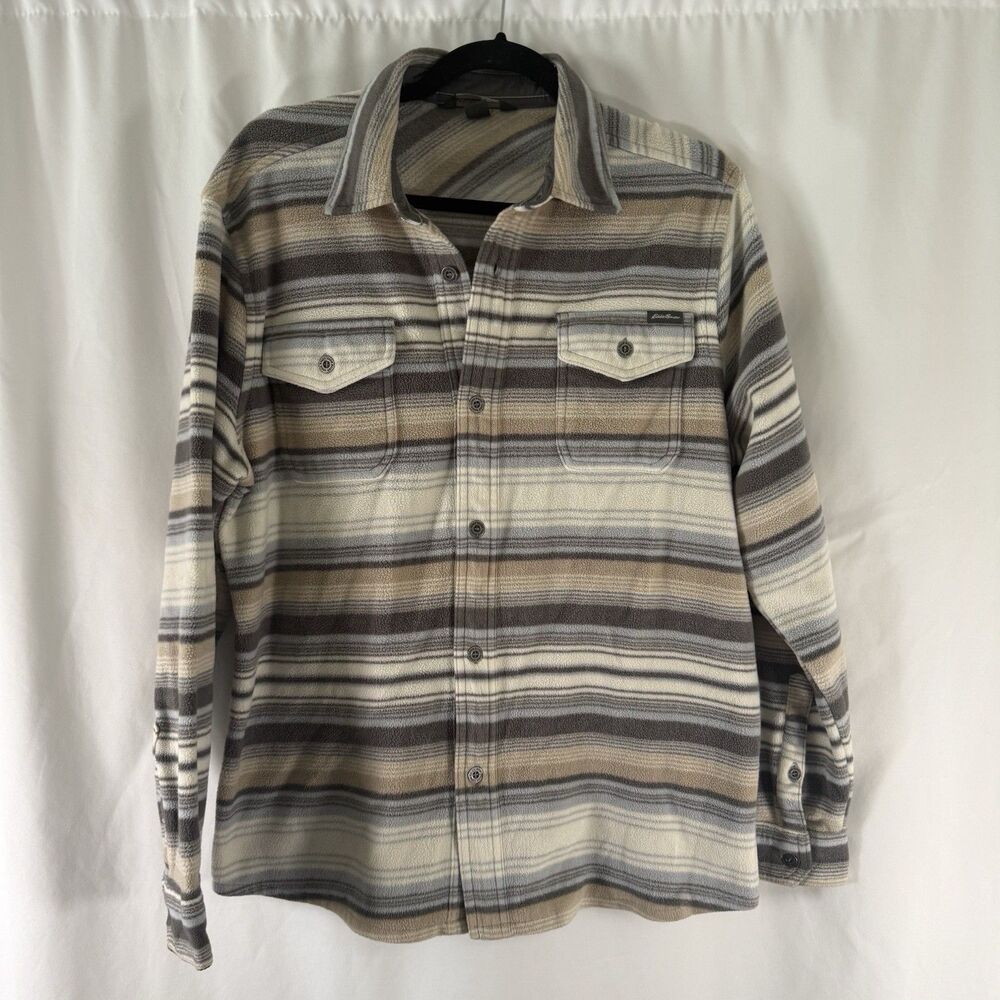 Eddie Bauer Fleece Jacket Men's Medium Grey Beige Striped Button Up Collared